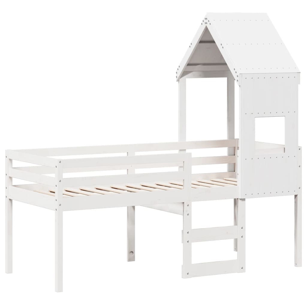 fehér tömör fenyőfa magasított ágy tetővel 75 x 190 cm