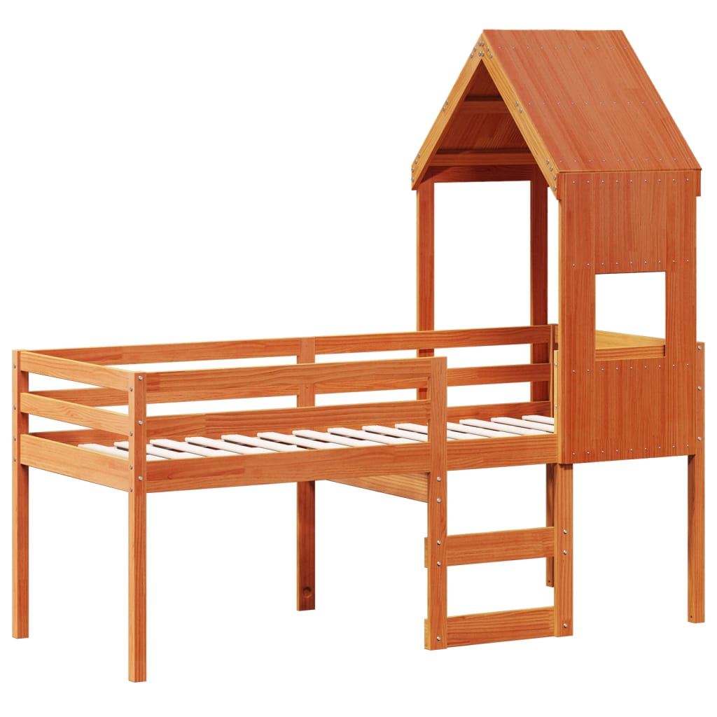viaszbarna tömör fenyőfa magasított ágy tetővel 75 x 190 cm