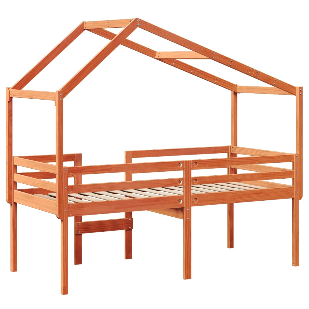 viaszbarna tömör fenyőfa magasított ágy tetővel 90 x 190 cm
