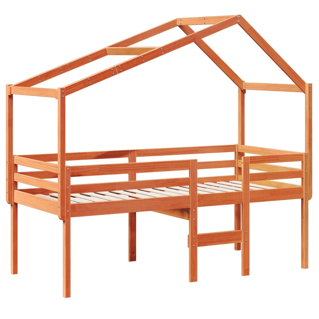 viaszbarna tömör fenyőfa magasított ágy tetővel 75 x 190 cm