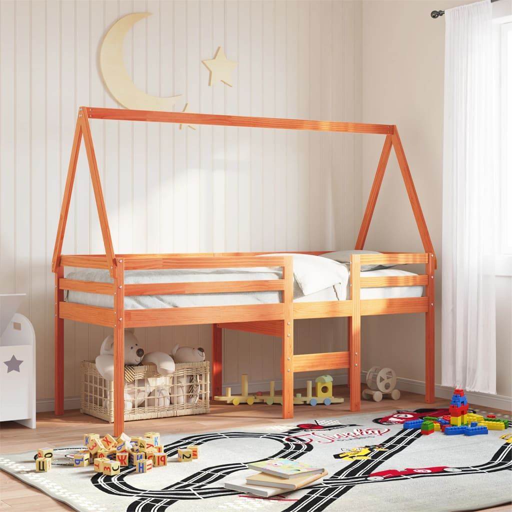 viaszbarna tömör fenyőfa magasított ágy tetővel 75 x 190 cm