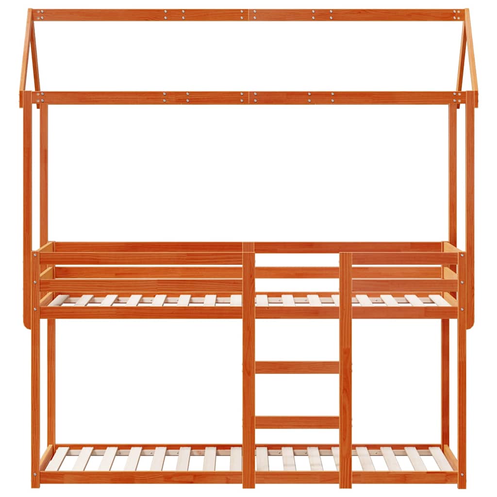 viaszbarna tömör fenyőfa ágy emelettel és tetővel 90 x 200 cm