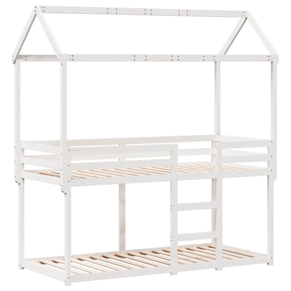 fehér tömör fenyőfa ágy emelettel és tetővel 80 x 200 cm