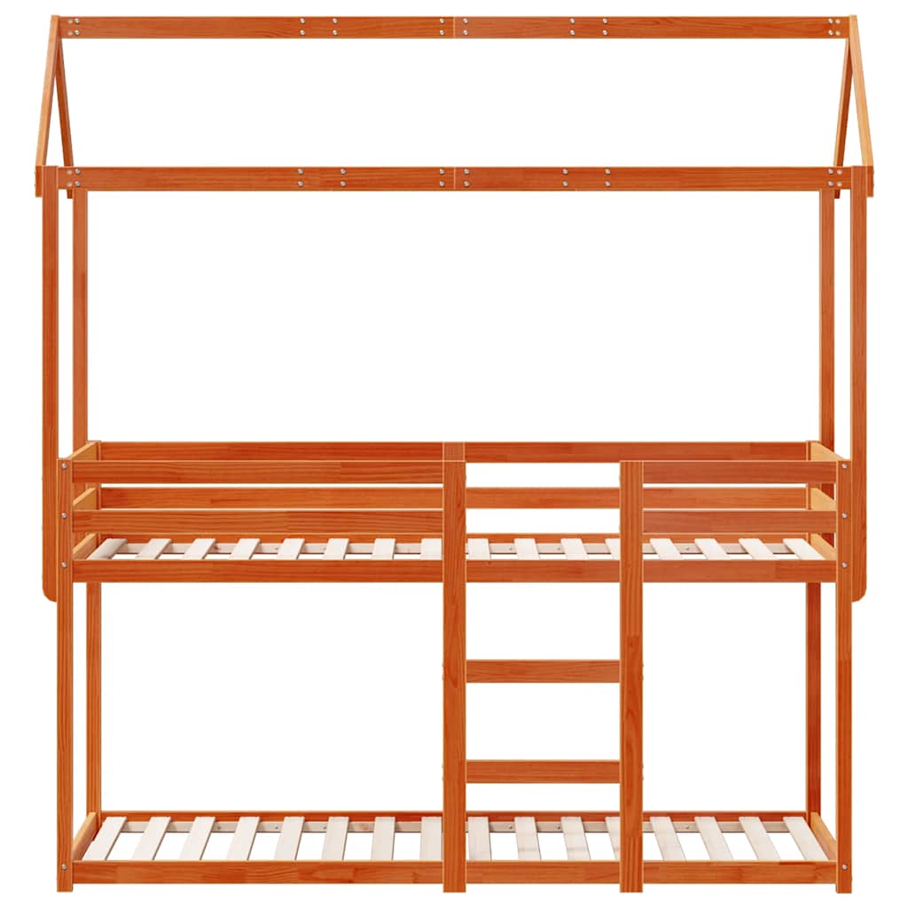 viaszbarna tömör fenyőfa ágy emelettel és tetővel 80 x 200 cm