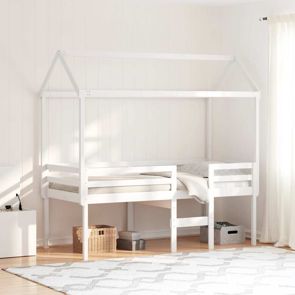fehér tömör fenyőfa magasított ágy tetővel 90 x 200 cm