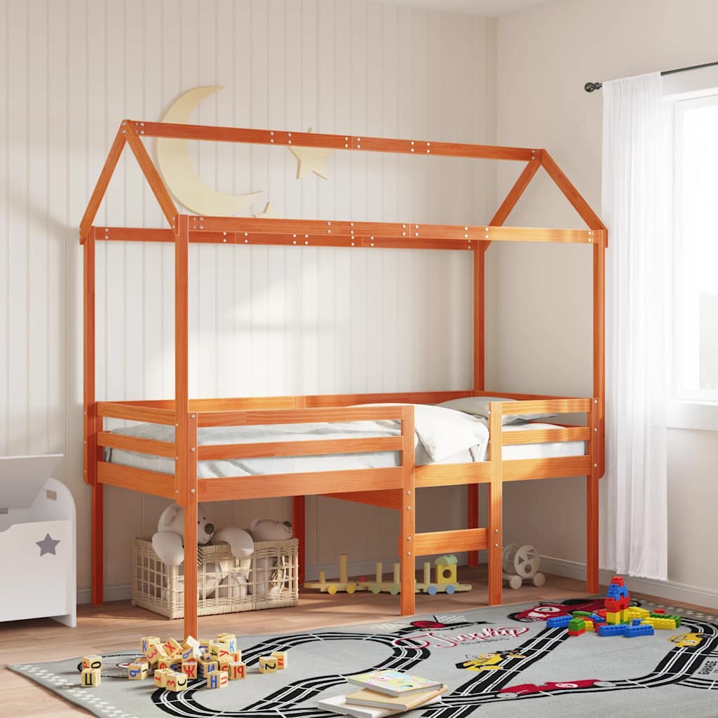 viaszbarna tömör fenyőfa magasított ágy tetővel 80 x 200 cm