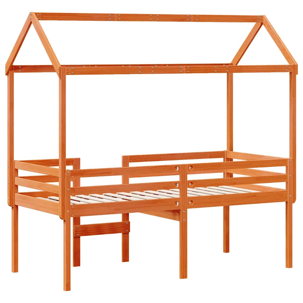 viaszbarna tömör fenyőfa magasított ágy tetővel 80 x 200 cm
