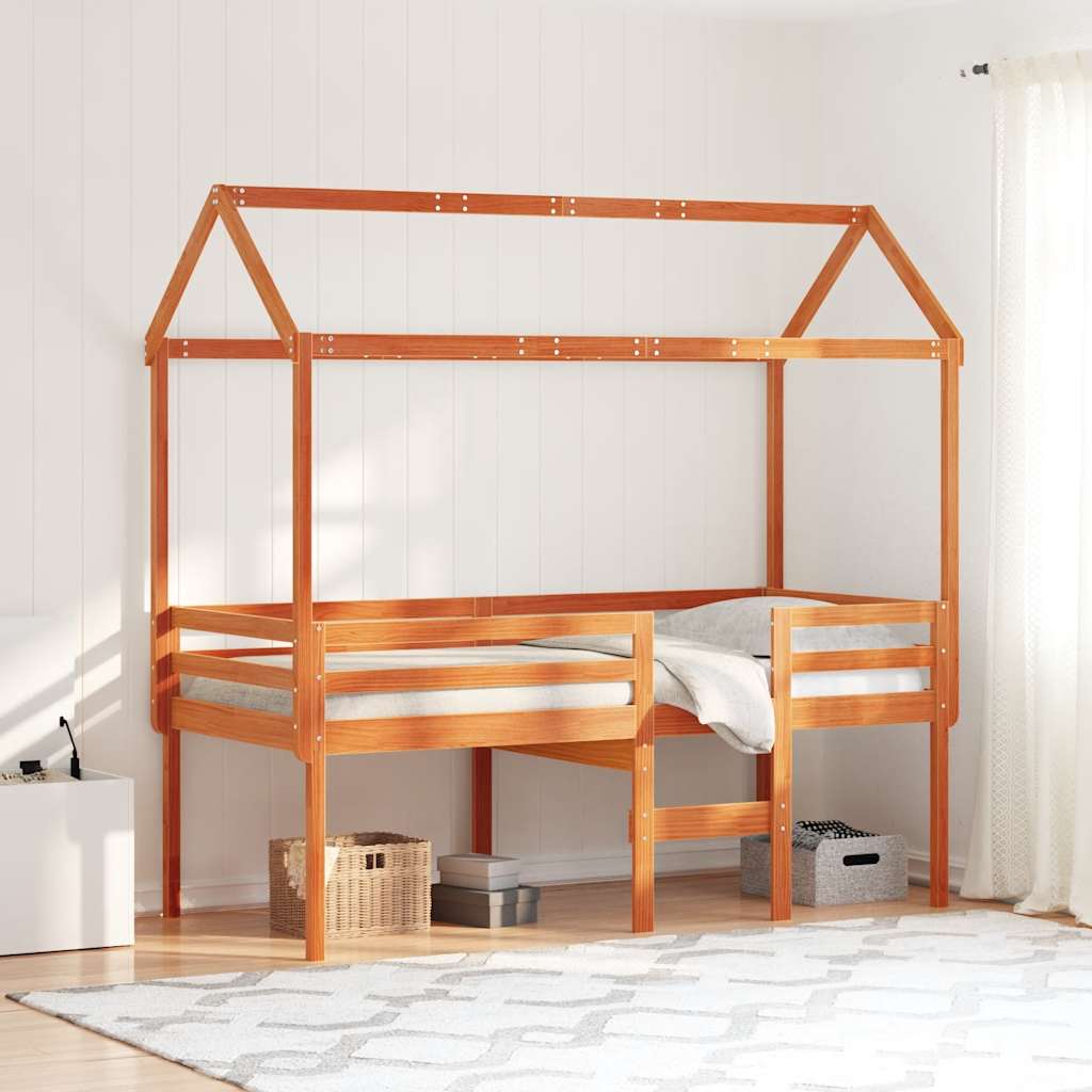 viaszbarna tömör fenyőfa magasított ágy tetővel 90 x 190 cm