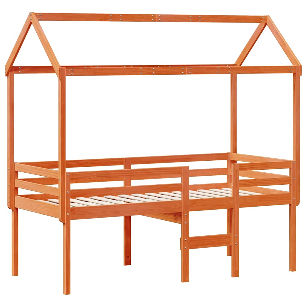 viaszbarna tömör fenyőfa magasított ágy tetővel 75 x 190 cm