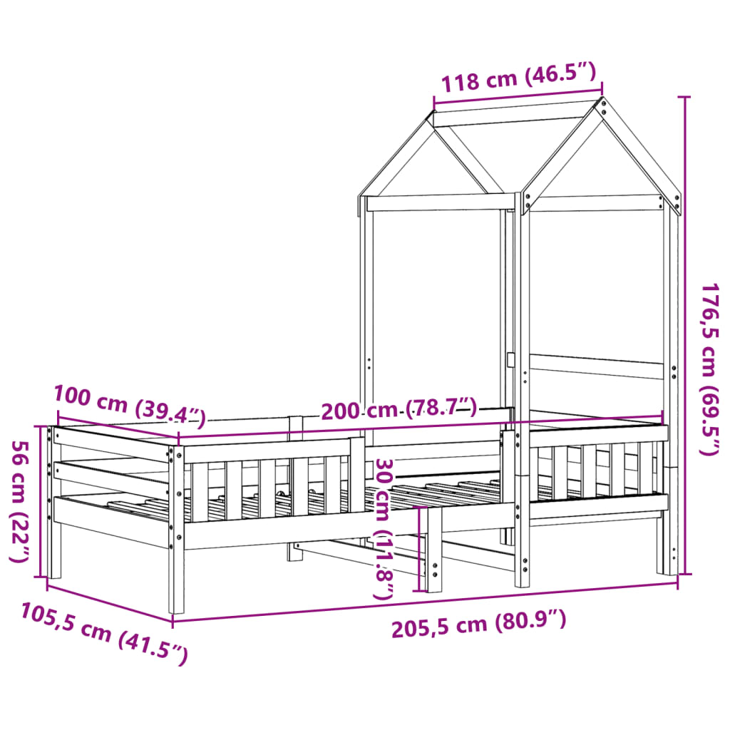 viaszbarna tömör fenyőfa ágykeret tetővel 100 x 200 cm