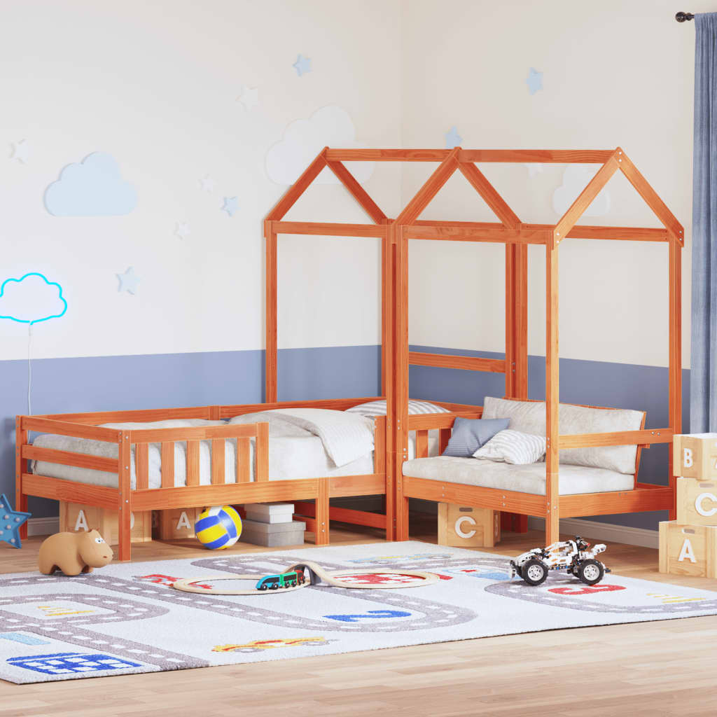 viaszbarna tömör fenyőfa ágy és pad szett tetővel 90 x 200 cm