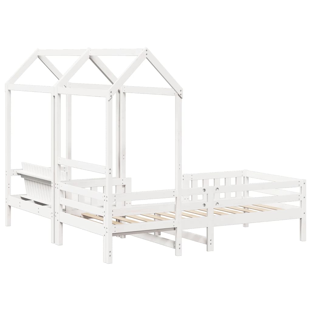 fehér tömör fenyőfa ágy és pad szett tetővel 80 x 200 cm