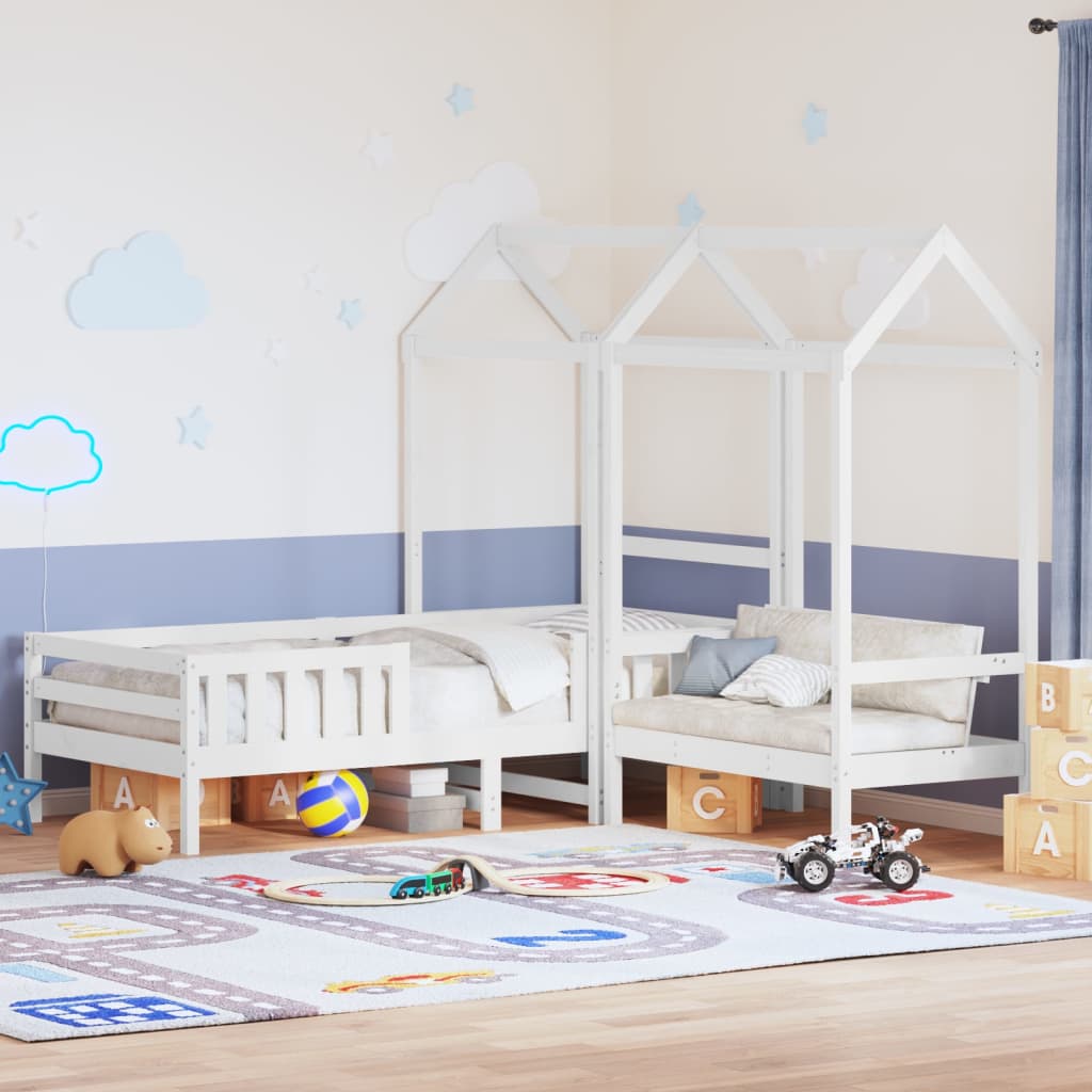 fehér tömör fenyőfa ágy és pad szett tetővel 80 x 200 cm