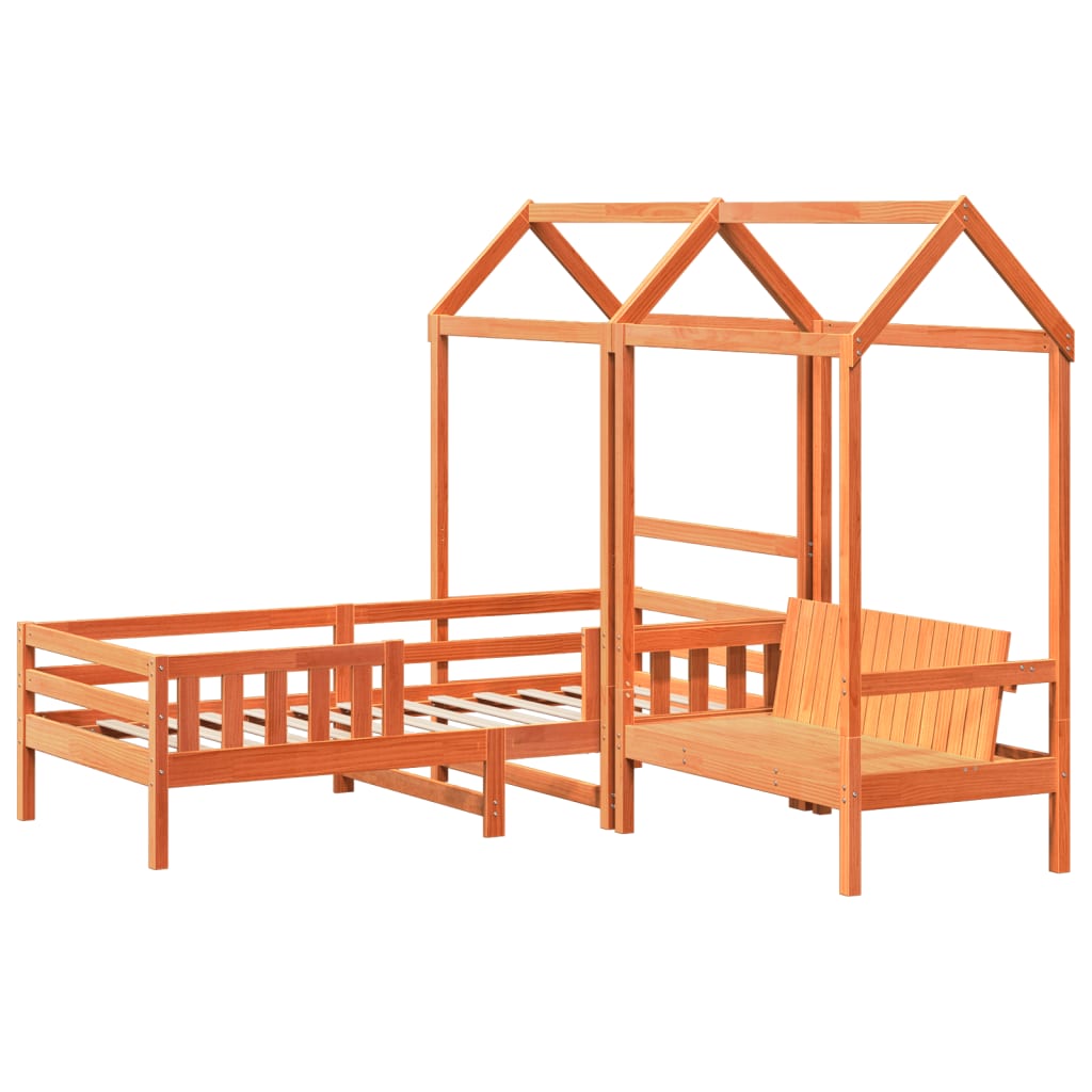 viaszbarna tömör fenyőfa ágy és pad szett tetővel 80 x 200 cm