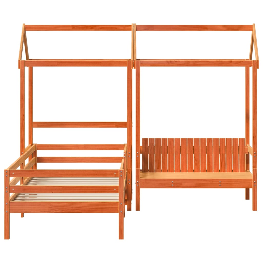 viaszbarna tömör fenyőfa ágy és pad szett tetővel 80 x 200 cm