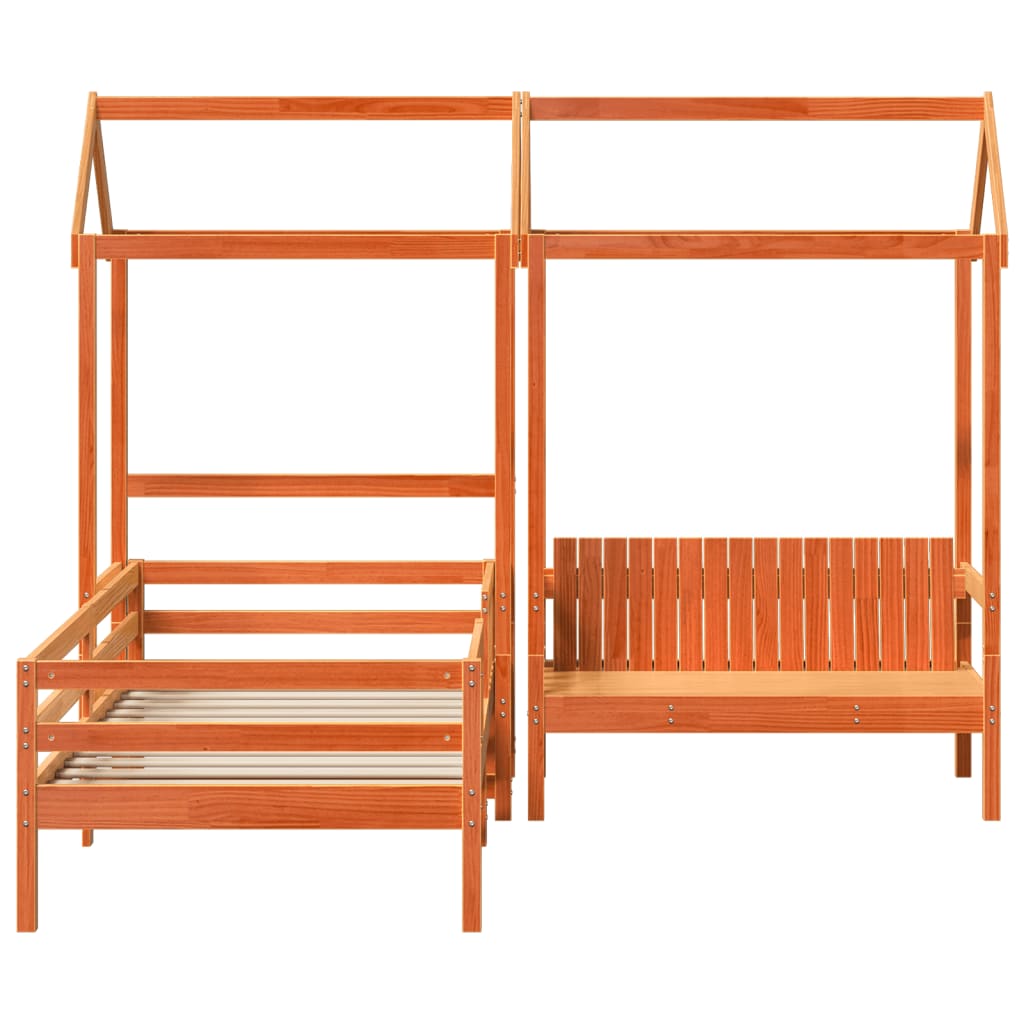 viaszbarna tömör fenyőfa ágy és pad szett tetővel 90 x 190 cm