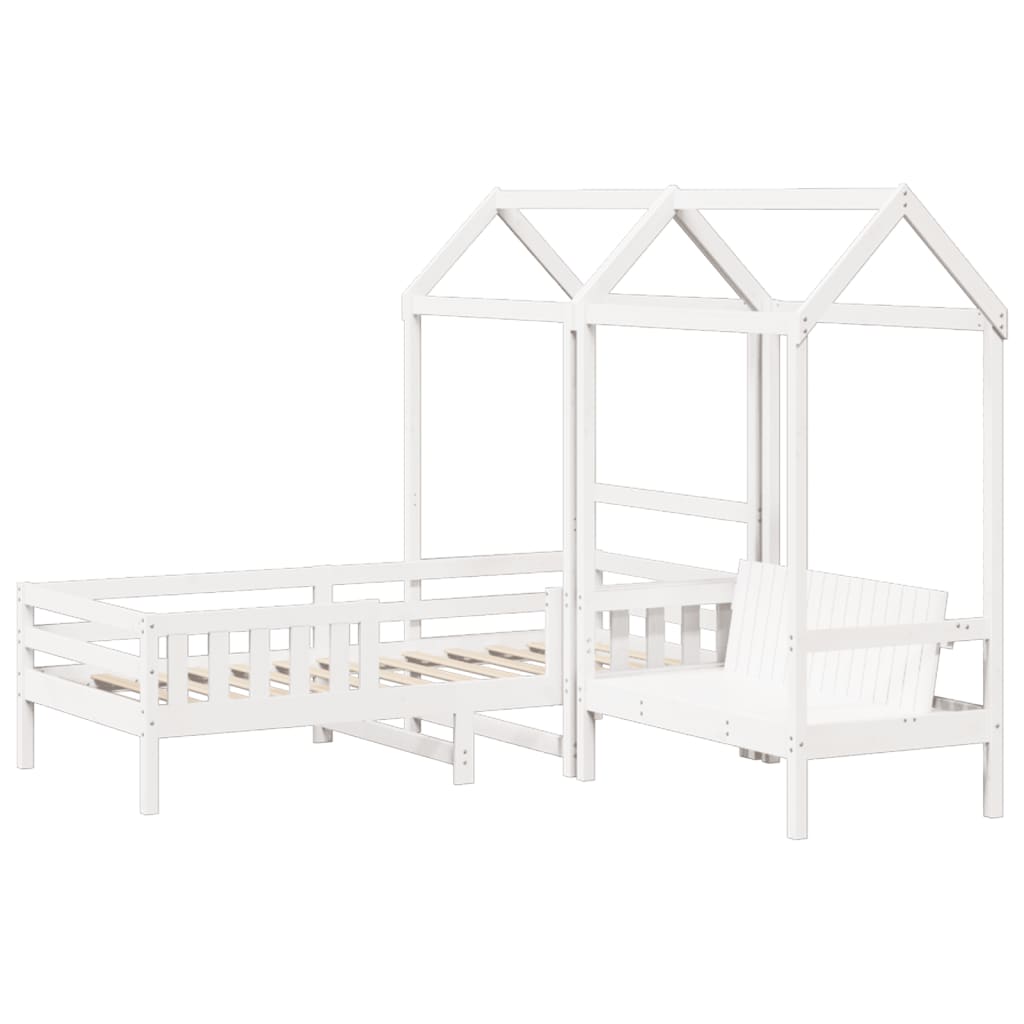 fehér tömör fenyőfa ágy és pad szett tetővel 75 x 190 cm