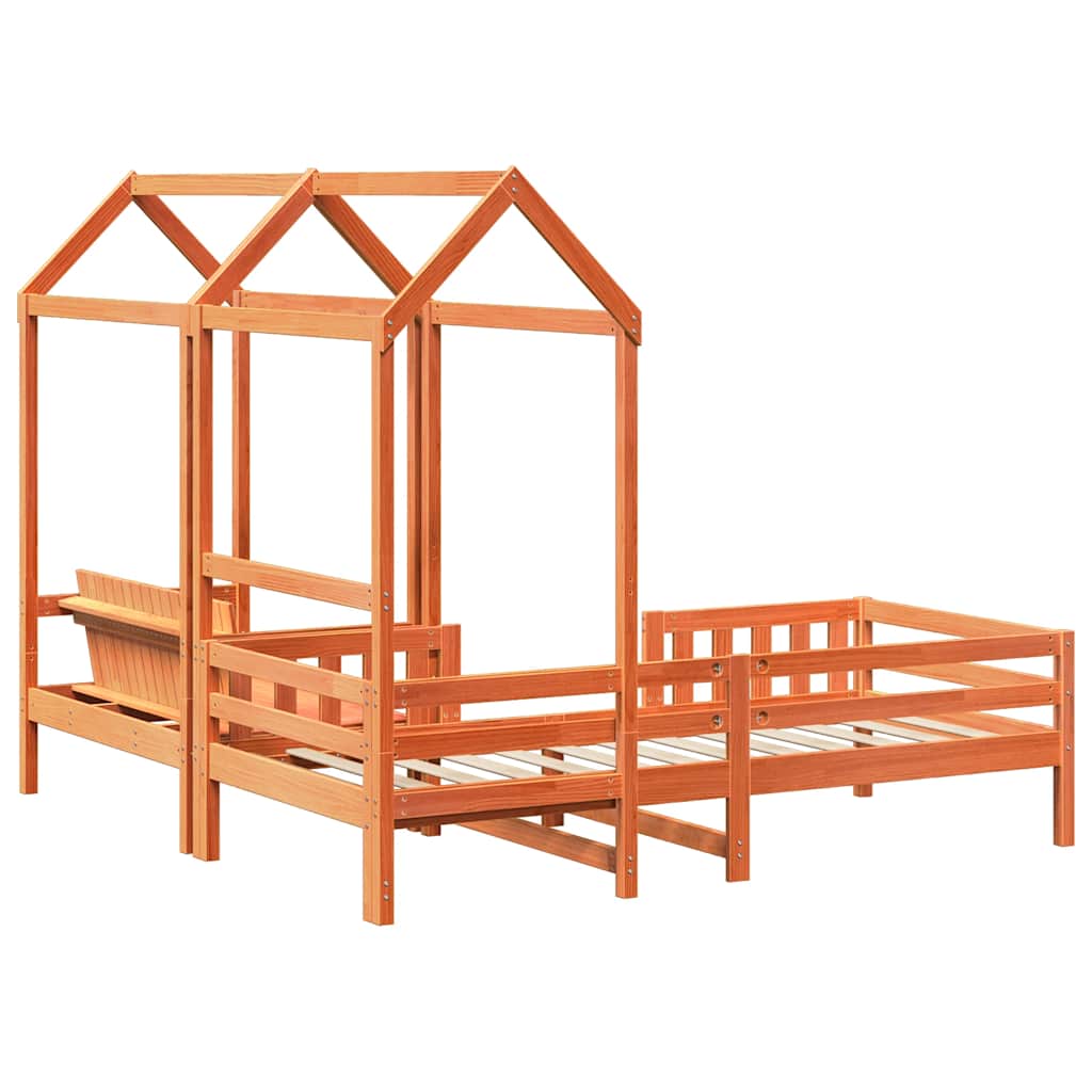 viaszbarna tömör fenyőfa ágy és pad szett tetővel 75 x 190 cm