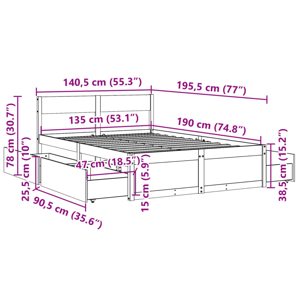 viaszbarna tömör fenyőfa ágy matrac nélkül 135 x 190 cm