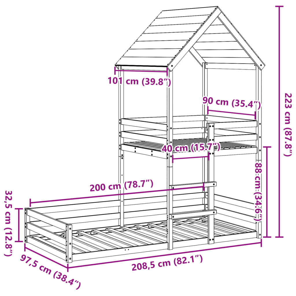 fehér tömör fenyőfa ágy emelettel és tetővel 90 x 200 cm
