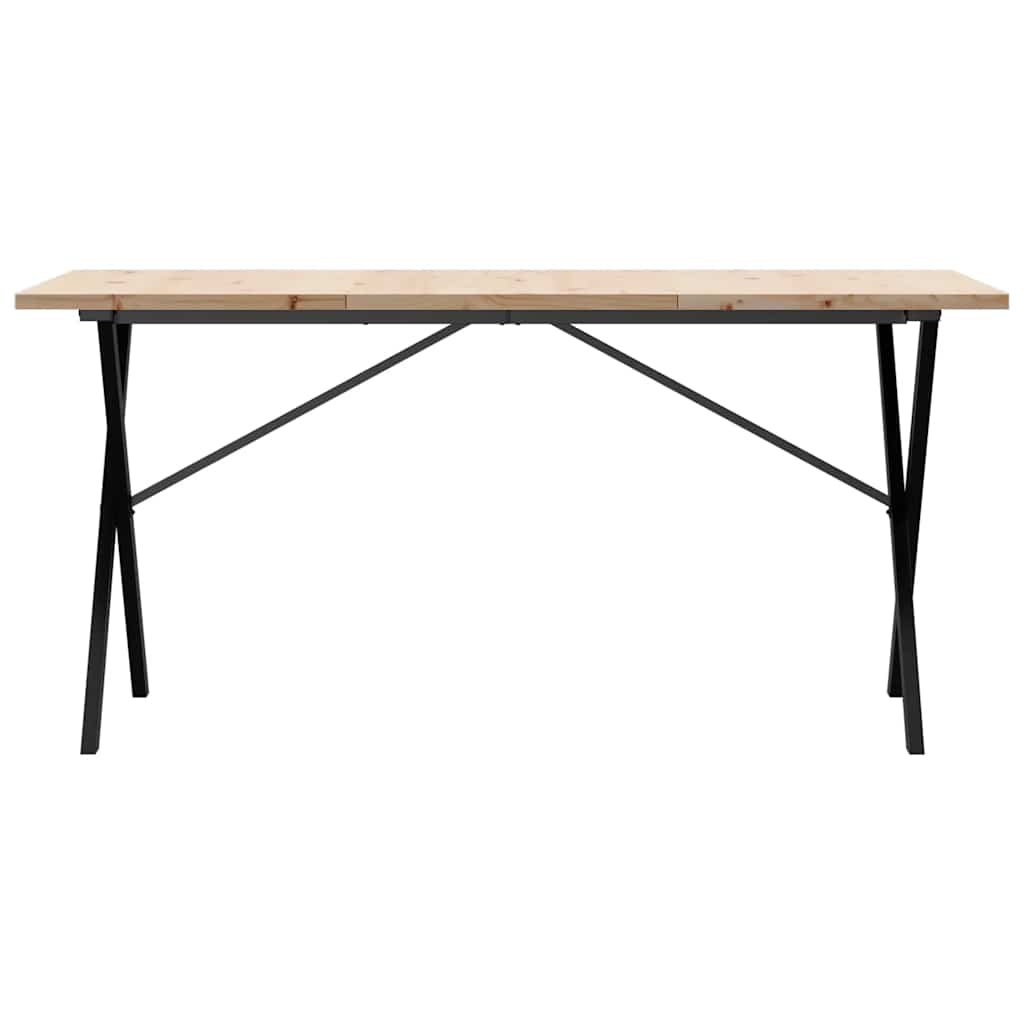 tömör fenyőfa és acél étkezőasztal X-vázzal 140x80x75,5 cm