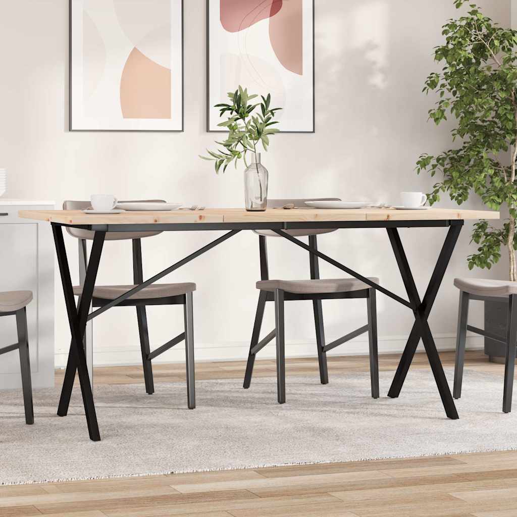 tömör fenyőfa és acél étkezőasztal X-vázzal 140x80x75,5 cm
