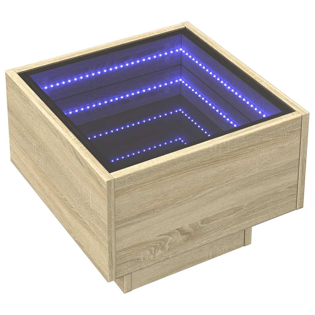 sonoma tölgy színű szerelt fa kisasztal LED-del 40 x 40 x 30 cm