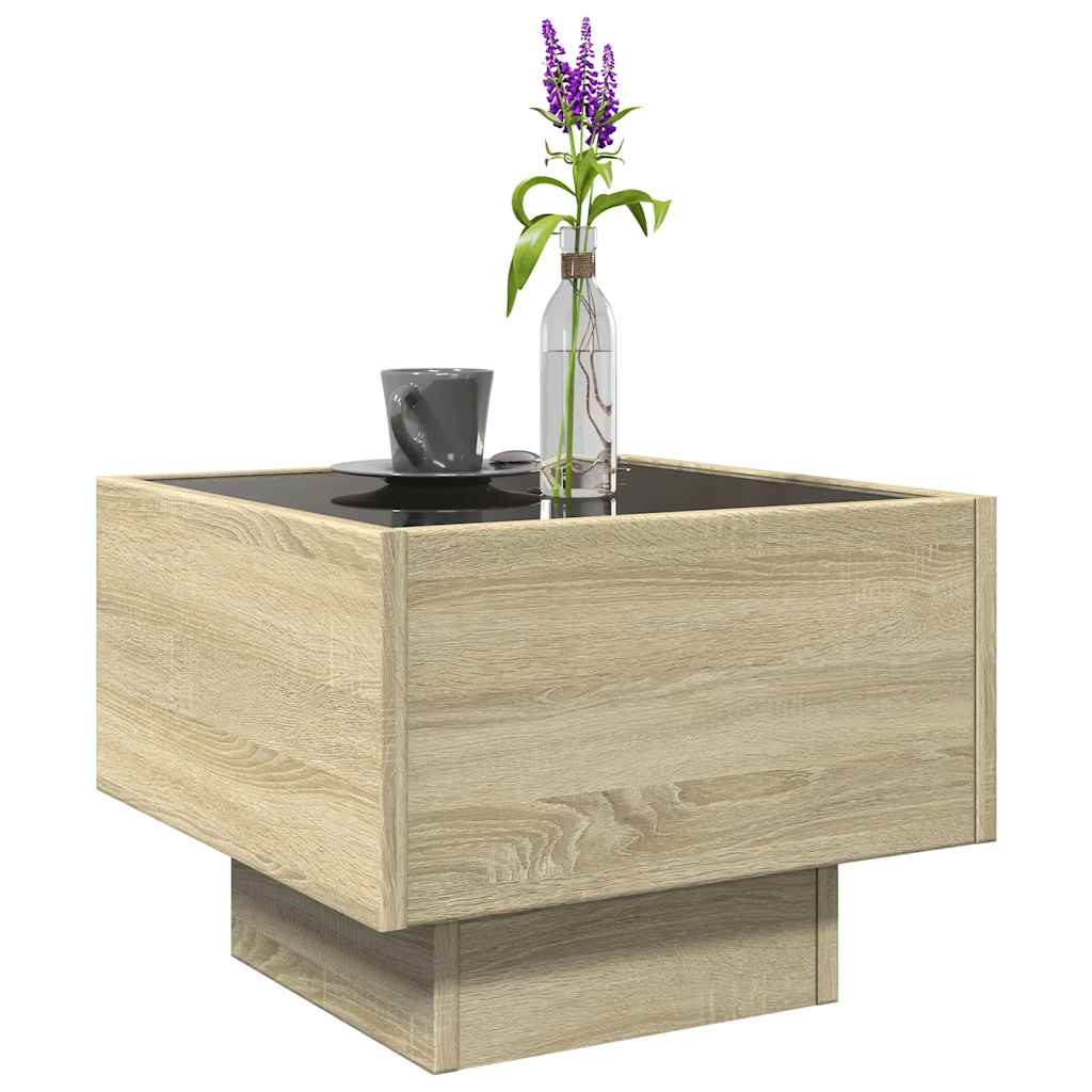 sonoma tölgy színű szerelt fa kisasztal LED-del 40 x 40 x 30 cm
