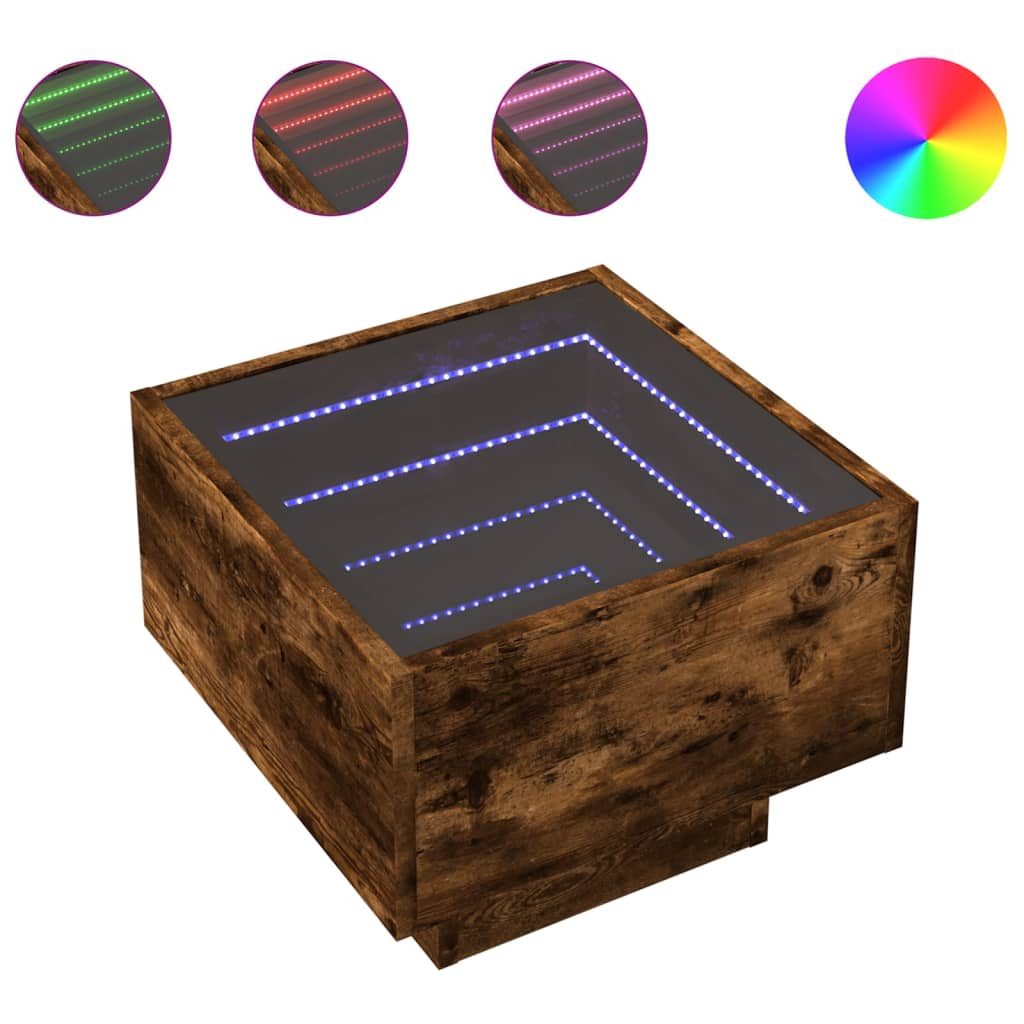 füstös tölgy színű szerelt fa kisasztal LED-del 40 x 40 x 30 cm