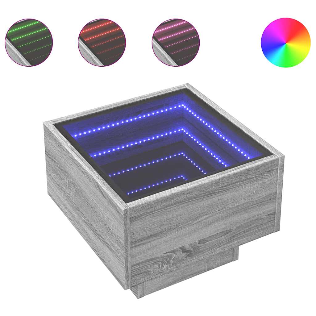 szürke sonoma színű szerelt fa kisasztal LED-del 40x40x30 cm