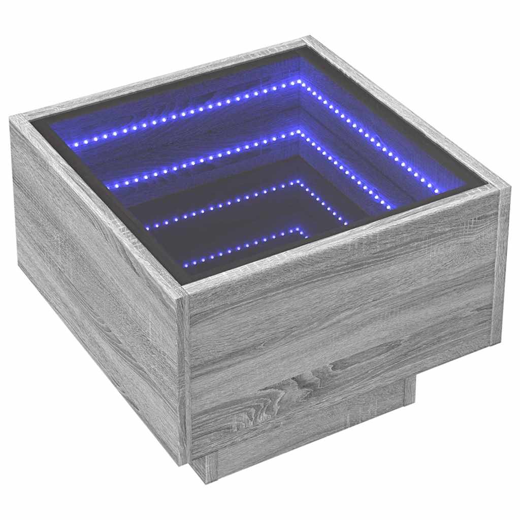szürke sonoma színű szerelt fa kisasztal LED-del 40x40x30 cm