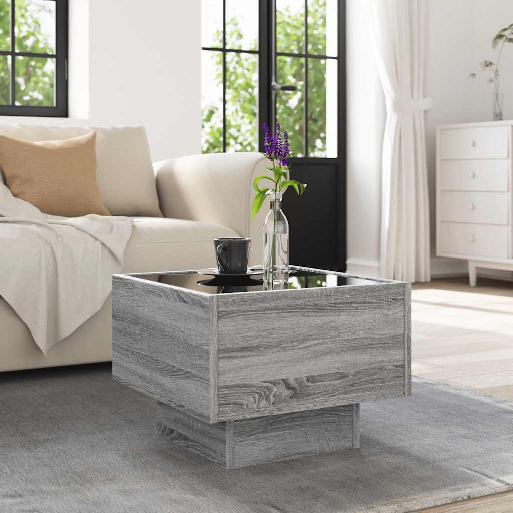 szürke sonoma színű szerelt fa kisasztal LED-del 40x40x30 cm
