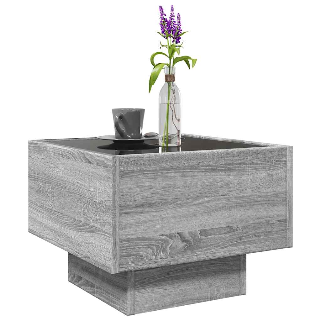 szürke sonoma színű szerelt fa kisasztal LED-del 40x40x30 cm