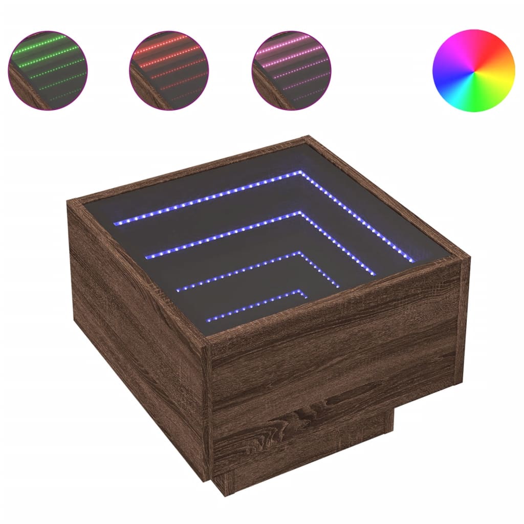 barna tölgy színű szerelt fa kisasztal LED-del 40 x 40 x 30 cm