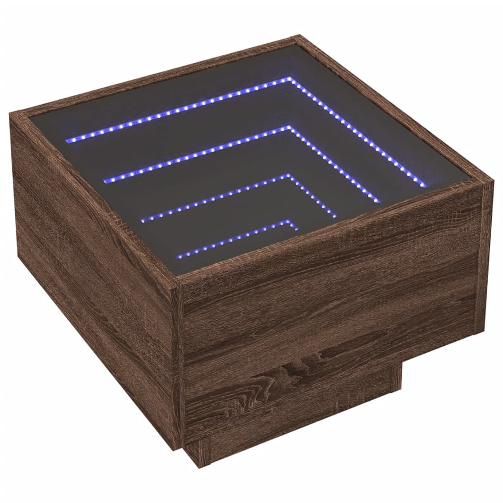barna tölgy színű szerelt fa kisasztal LED-del 40 x 40 x 30 cm