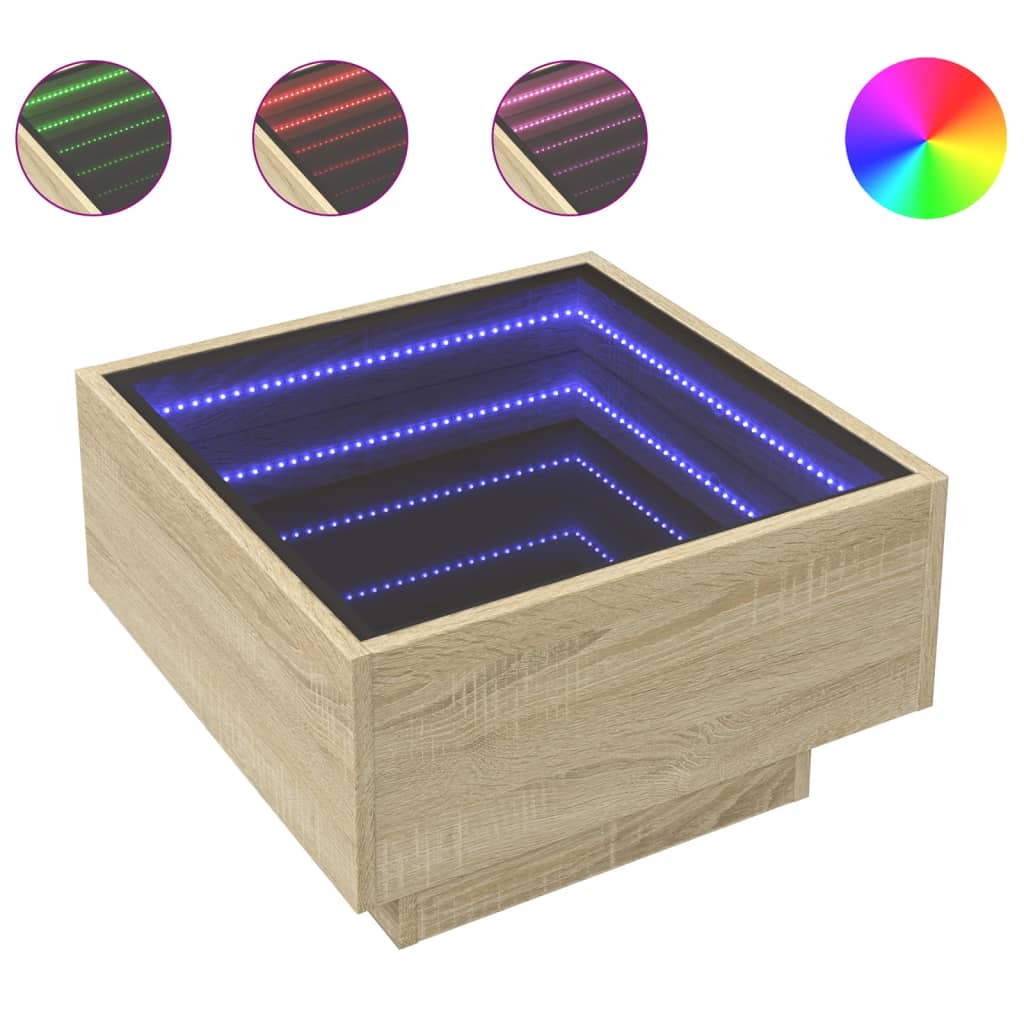 sonoma tölgy szerelt fa dohányzóasztal LED-del 50 x 50 x 30 cm