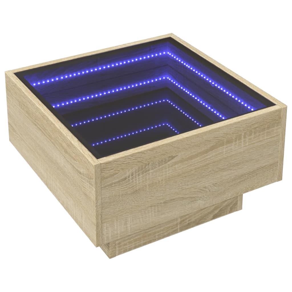 sonoma tölgy szerelt fa dohányzóasztal LED-del 50 x 50 x 30 cm
