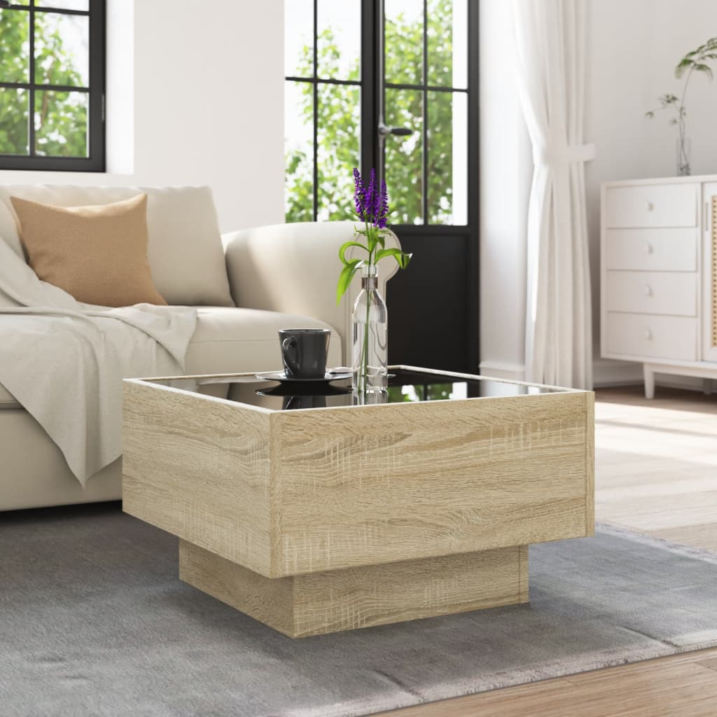 sonoma tölgy szerelt fa dohányzóasztal LED-del 50 x 50 x 30 cm