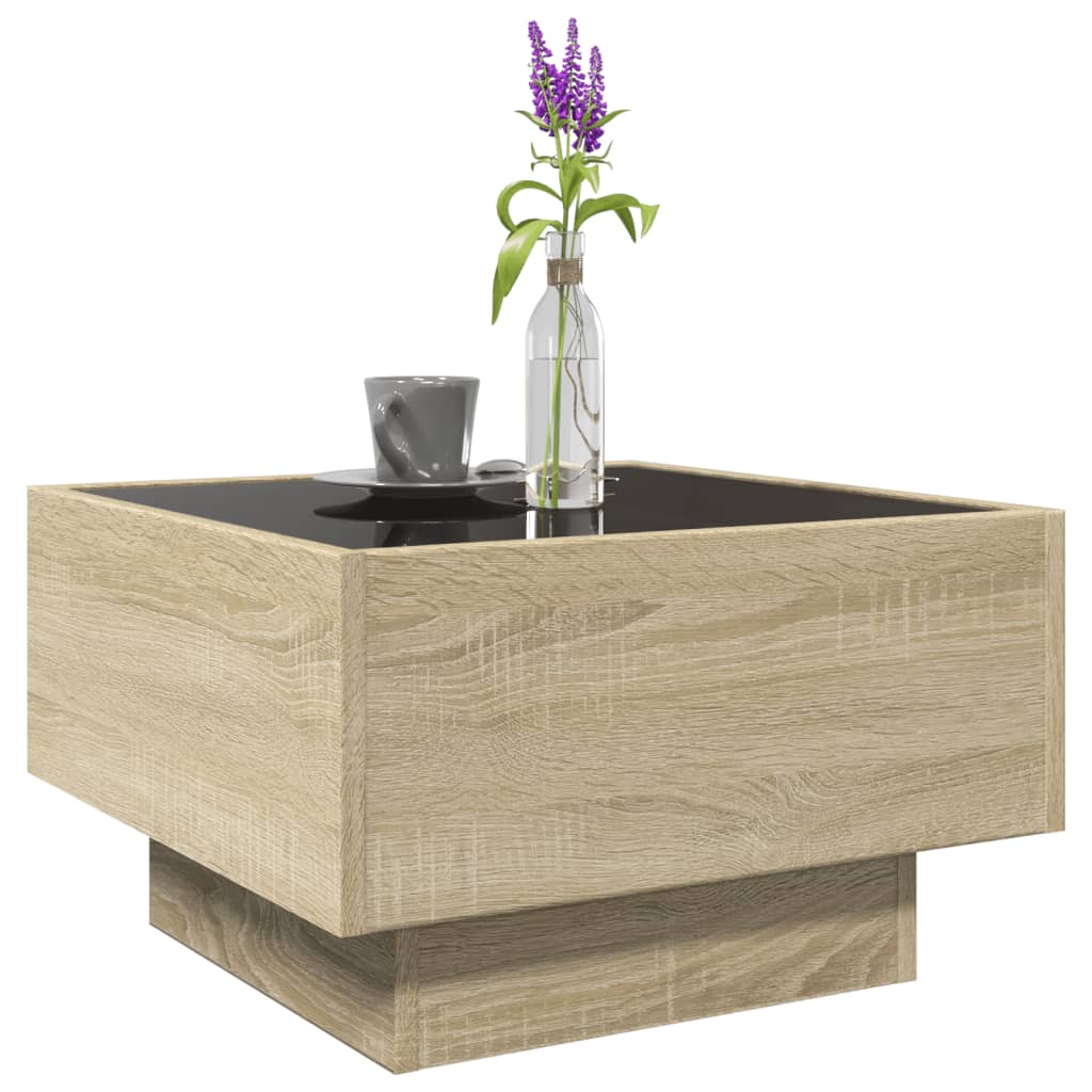 sonoma tölgy szerelt fa dohányzóasztal LED-del 50 x 50 x 30 cm