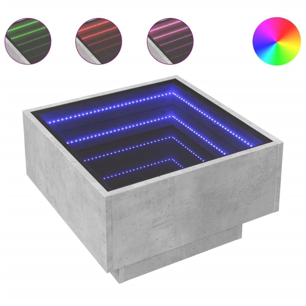betonszürke szerelt fa dohányzóasztal LED-del 50 x 50 x 30 cm