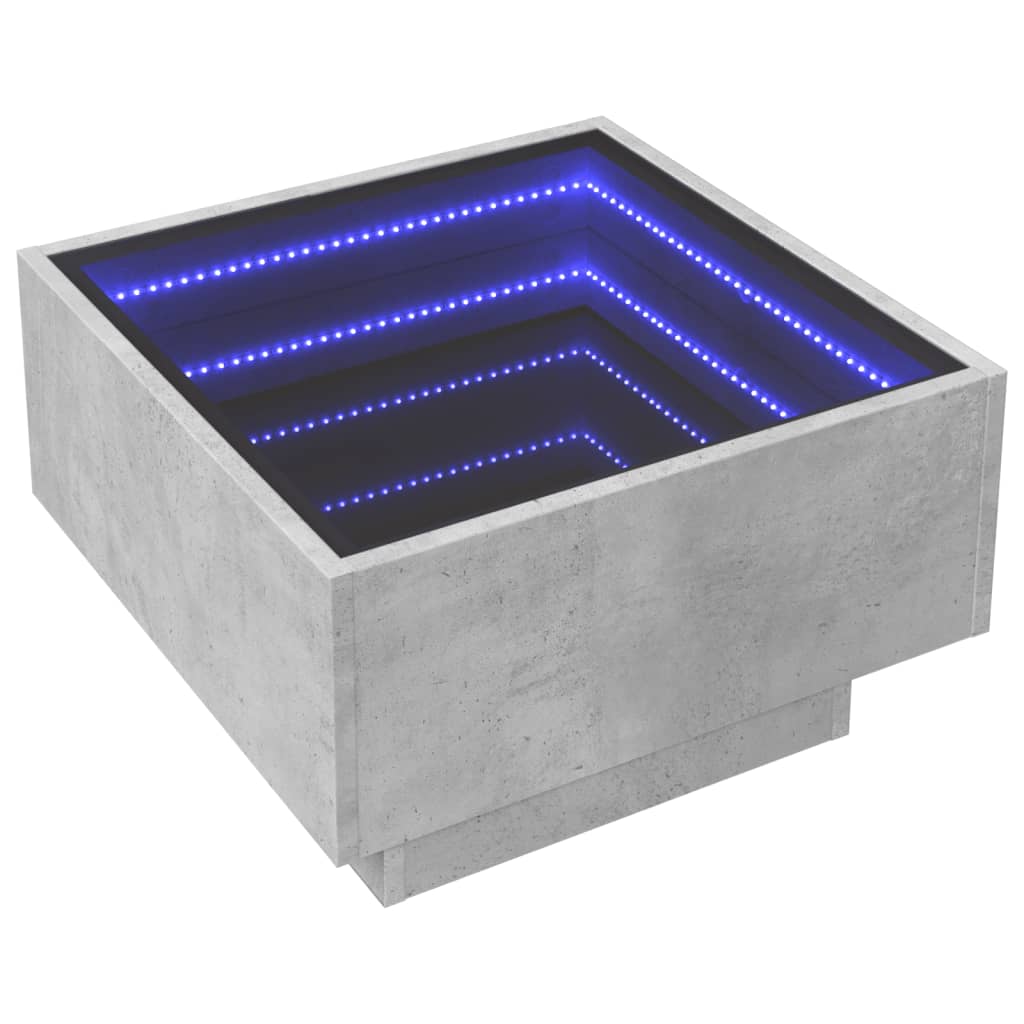 betonszürke szerelt fa dohányzóasztal LED-del 50 x 50 x 30 cm