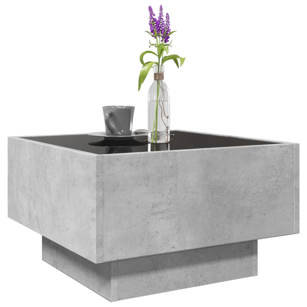 betonszürke szerelt fa dohányzóasztal LED-del 50 x 50 x 30 cm