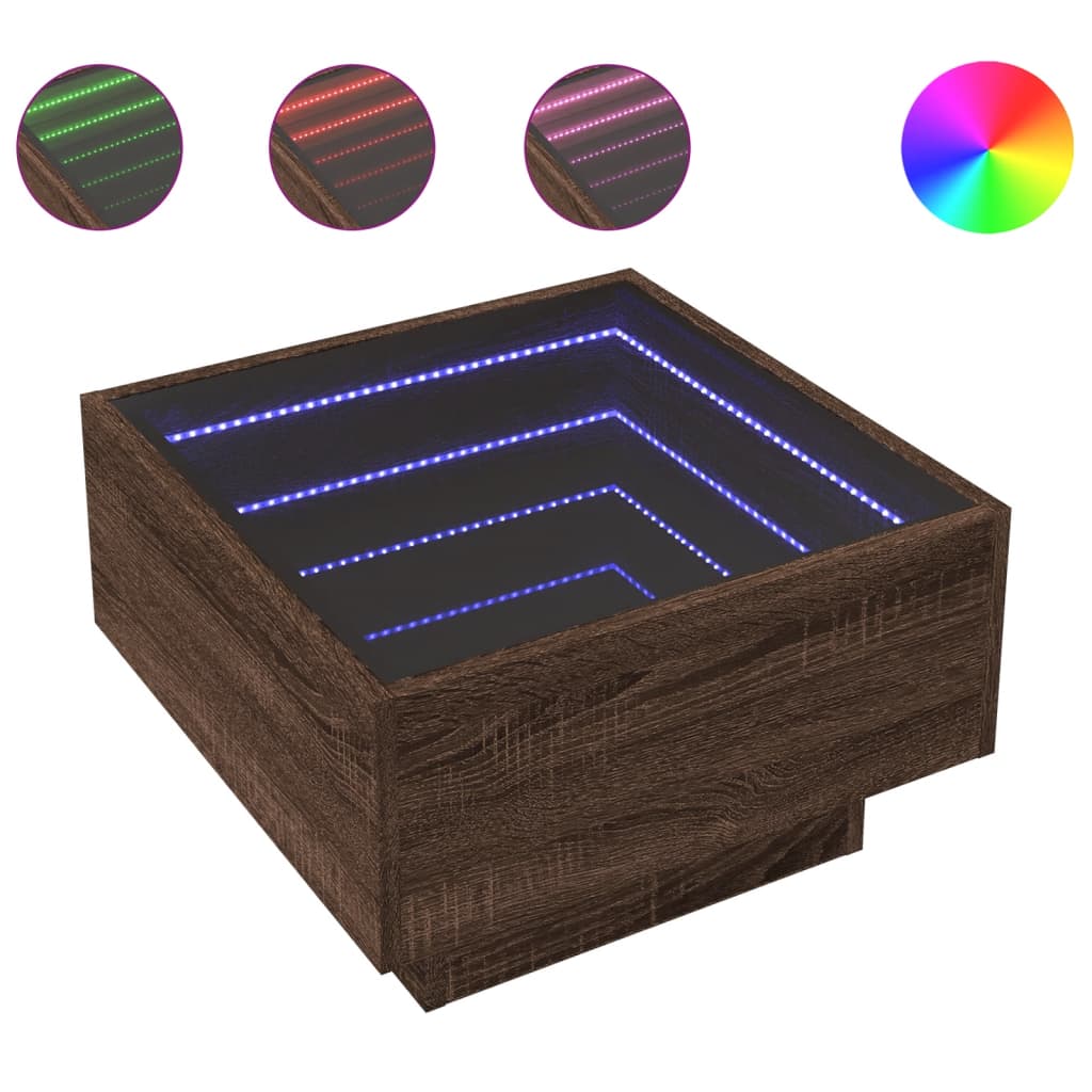 barna tölgy szerelt fa dohányzóasztal LED-del 50 x 50 x 30 cm