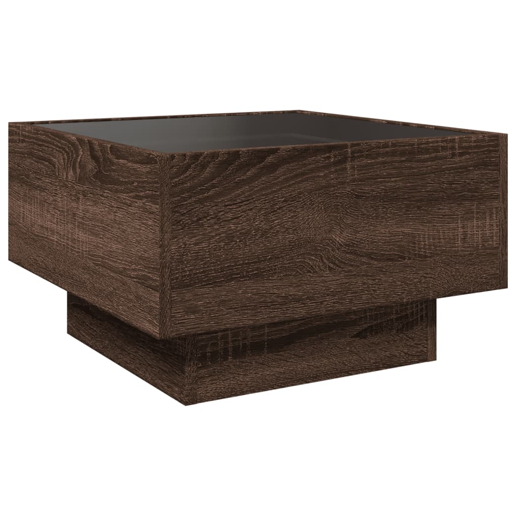 barna tölgy szerelt fa dohányzóasztal LED-del 50 x 50 x 30 cm