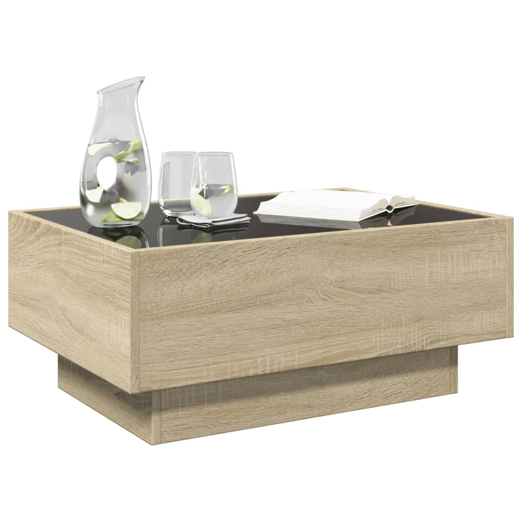 sonoma tölgy szerelt fa dohányzóasztal LED-del 70 x 50 x 30 cm