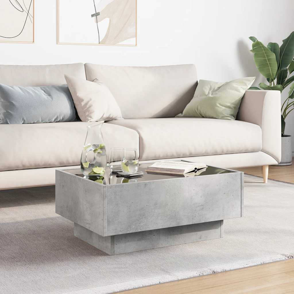 betonszürke szerelt fa dohányzóasztal LED-del 70 x 50 x 30 cm