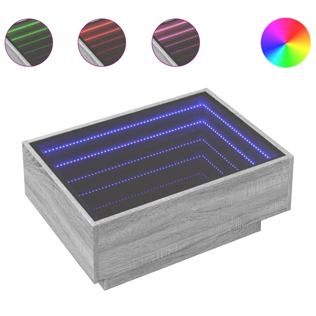 szürke sonoma szerelt fa dohányzóasztal LED-del 70 x 50 x 30 cm