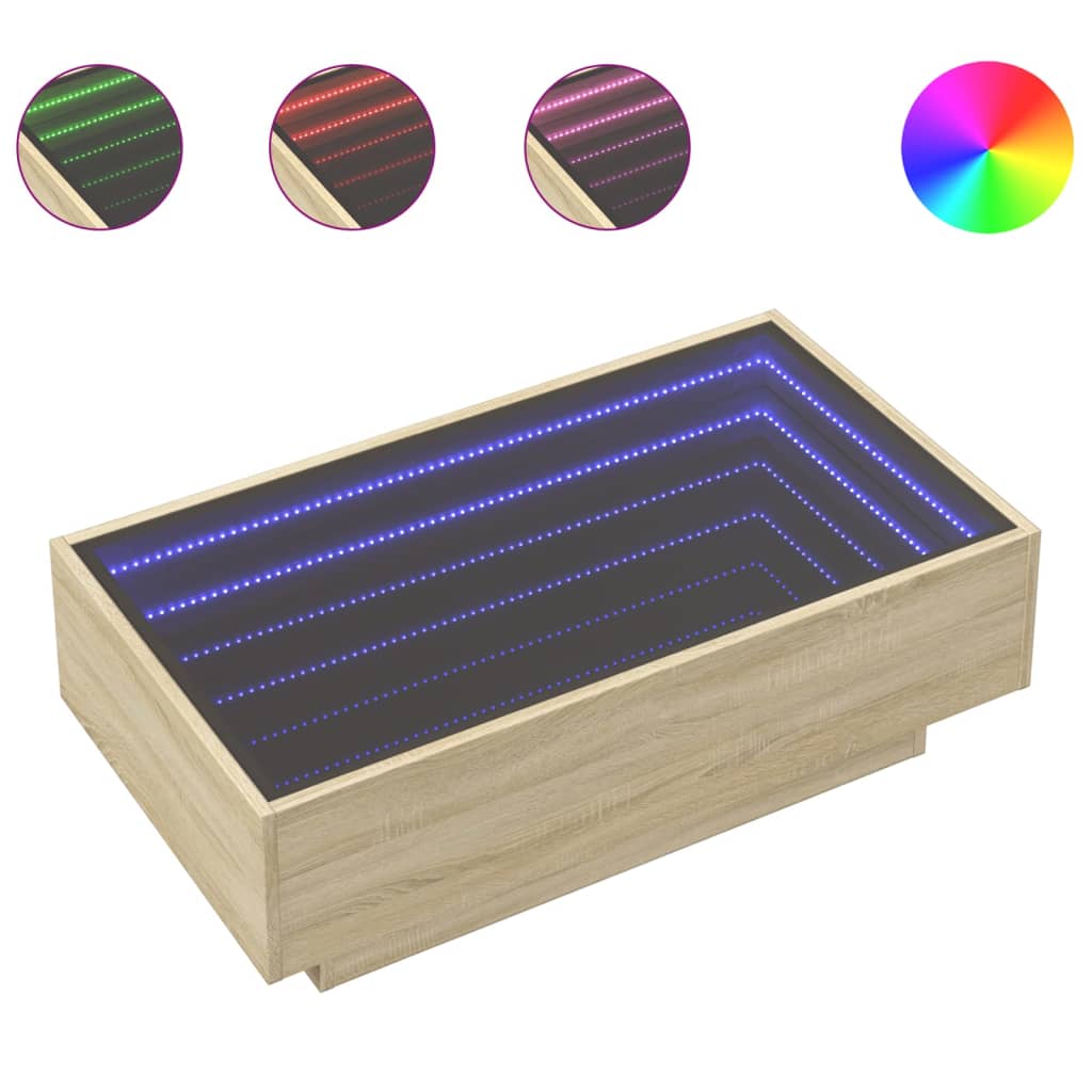 sonoma tölgy szerelt fa dohányzóasztal LED-del 90 x 50 x 30 cm