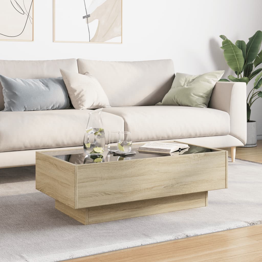 sonoma tölgy szerelt fa dohányzóasztal LED-del 90 x 50 x 30 cm