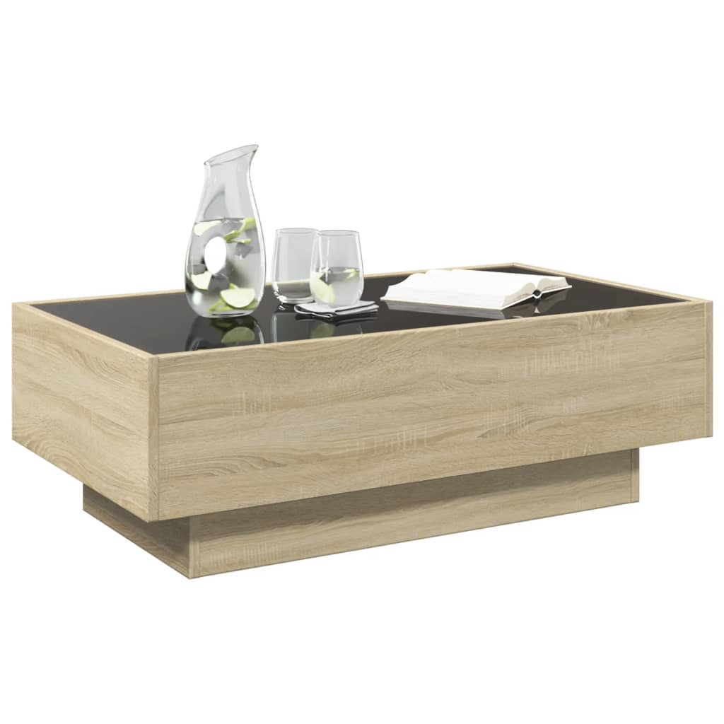sonoma tölgy szerelt fa dohányzóasztal LED-del 90 x 50 x 30 cm
